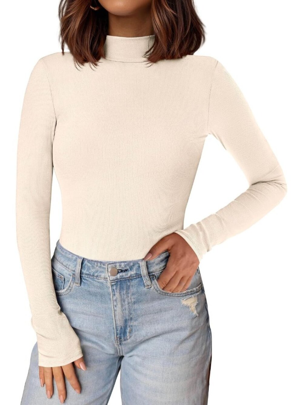 Women's Beige Ribbed Knit Mock Turtleneck Long Sleeve Undershirts Slim Fit Top